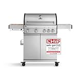 BURNHARD 4-Brenner Gasgrill Big FRED Deluxe 2022 mit 900°C Keramikbrenner und Seitenkochfeld, 17 kW Edelstahl Grillwagen mit klappbaren Seitentischen, Piezozündung inkl. Abdeckhaube