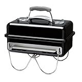 Weber Go-Anywhere Holzkohle Grill, 42 x 26cm Grillfläche, leichter tragbarer BBQ Grill, Tisch-Campinggrill, porzellanemaillierte Schale & Deckel, umklappbare Standfüße - Schwarz (1131004)